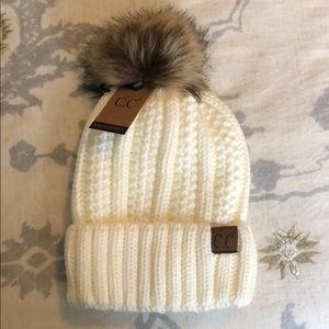 C.C Knit Faux Fuzzy Fur Pom Fleece Lined Beanie